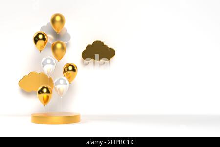 3D glänzende goldene Ballons mit Podium und Wolken. Stockfoto