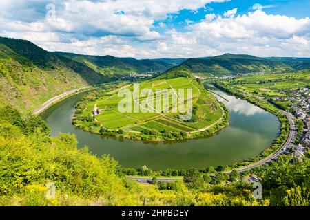 Blick auf eine flussbiegung der Mosel in der Eifelgemeinde Bremm in Deutschland im Sommer. Von den Weinbergen von Calmont aus gesehen, mit blauem Himmel. Stockfoto