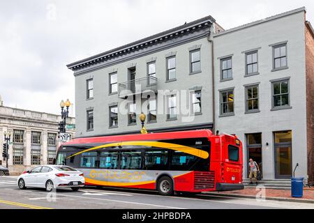 Washington DC, USA - 18. August 2021: Georgetown M Street mit Gebäuden im Universitätsviertel und rotem Zirkulator-Bus im öffentlichen Verkehr Stockfoto