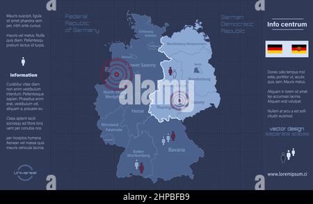 Deutschland-Karte aufgeteilt auf West- und Ostdeutschland mit Regionen mit Namen, Infografiken blau flach Design-Vektor Stock Vektor