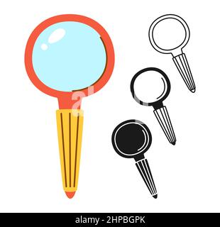 Vergrößerungsglas Zoom Symbol Cartoon gezeichnet oder Stempel, Doodle Linie gesetzt. Suche Vergrößere einfaches flaches Symbol. Fokusschild für die Geschäftsanalyse. Vektordesign für mobile Apps, Web- und Printmedien Stock Vektor