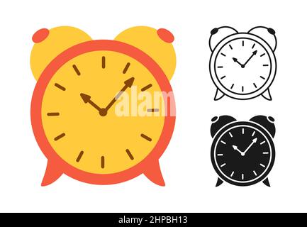 Wecker-Symbol Zeichentrickfilm gezeichnet oder Stempel, Doodle-Linie eingestellt. Uhr Zeit einfaches flaches Symbol. Wake-up-Hour, altes Vintage-Uhrenschild. Vektordesign für mobile Apps, Web- und Printmedien Stock Vektor