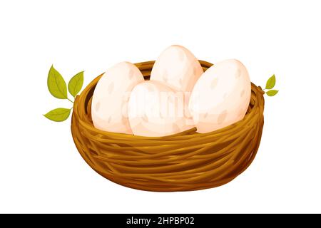Vogelnest aus Stäbchen mit Eiern, die mit Blättern im Cartoon-Stil auf weißem Hintergrund isoliert dekoriert sind. Spring Clip Art, Nestling. Neues Leben. Vektorgrafik Stock Vektor