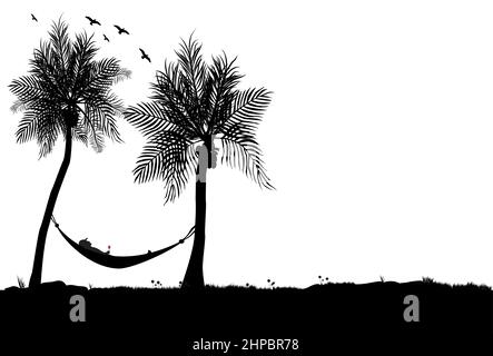 Mann, der sich unter dem Kokosnussbaum mit einem Glas Rotwein ausruhte Stock Vektor