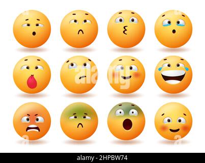 Emoji niedlichen Emoticons Vektor-Set-Design. Emoticon Charakter Gesichter mit Kreuzaugen, glücklich, lächelnd und wütend Reaktion für Emojis lustige Gesichtssammlung. Stock Vektor