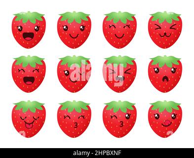 Kawaii Erdbeere Emoji Vektor-Set-Design. Emojis in Beerengesichtern mit niedlichem Gesichtsausdruck isoliert auf weißem Hintergrund für Beeren Obst Emoticon. Stock Vektor