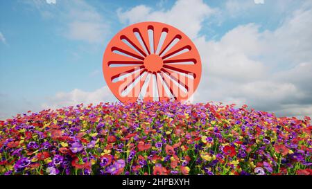 International Romani Day Travel Konzept rot gut Gras und Farbe Blumen 3D Render Stockfoto