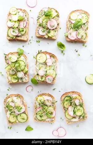 Sandwiches mit offenen Gurken und Rettich, garniert mit Kräutern und Sprossen. Stockfoto