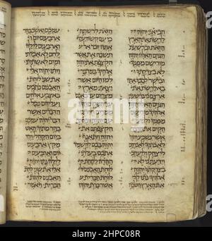 Der Damaskus-Pentateuch (Keter Dameseq oder Krone von Damaskus) ist ein hebräischer Bibelcodex aus dem 10th. Jahrhundert, der aus dem fast vollständigen Pentateuch, den fünf Büchern Moses, besteht. Er wurde von einem unbekannten Schreiber kopiert, der mit masoretischen Annotationen übersät ist. Das Manuskript ist am Anfang defekt, da es mit 1. Mose 9:26 beginnt, und 2. Mose 18:1-23 fehlt ebenfalls. 1975 wurde es von der Jüdischen National- und Universitätsbibliothek, Jerusalem, erworben, die 2008 ihren Namen in 'National Library of Israel' änderte. Der Codex wurde 1978 in einer großen, zweibändigen Faksimile-Ausgabe veröffentlicht. Es sollte nicht c sein Stockfoto