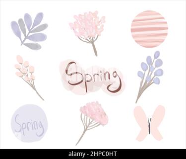 Federsatz. Handgezeichnete Vektorelemente. Florale Aquarellkollektion in Pastellfarben. Designelemente auf weißem Hintergrund im Boho-Stil isoliert. Stock Vektor