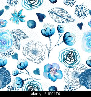 Vektor floral Aquarell Textur Muster mit blauen Blumen. Nahtloser Hintergrund für Hintergrundbild, Musterfüllungen, Webseiten-Hintergrund Stock Vektor