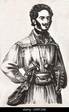 Giacomo Antonini 1792-1854 ( Vereinigung und Gründung des Königreichs Italien.) Militärische Karriere 1811. offizier in der Armee Napoleons I. war er zuerst in Dalmatien und dann in Russland. Hier wurde er gefangen genommen, floh nach Sibirien und kehrte in seine Heimat zurück, wo er mit der Ehrenlegion und der Beförderung zum Oberstleutnant geschmückt wurde. Später in seiner militärischen Karriere war er an der Spitze einer Expedition nach Savoyen und dann während der Schlacht von Monte Berico verlor er seinen rechten Arm. Stockfoto