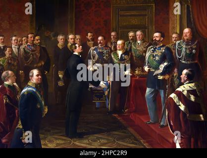 Bettino Ricasoli präsentiert die Volksabstimmung an Vittorio Emanuele II (März 22nd 1860) von Angelo Capisani 1862. Viktor Emanuel II, 1820 -1878, König von Sardini,1849 - 1861, übernahm den Titel, König von Italien, wurde der erste König, unabhängig, vereinigtes Italien, seit dem 6th. Jahrhundert, einen Titel hielt er bis zu seinem Tod im Jahr 1878, Italien, Stockfoto