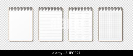 Horizontaler Spiralfeder realistischer Notizblock auf transparentem Hintergrund. Liniertes, gerastertes, kariertes Raster, gepunktete und leere leere Blätter. Notebook für zu Hause Stock Vektor