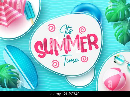 Sommer Zeit Vektor Vorlage Design. Es ist Sommer Zeit Text in schwimmenden weißen Raum mit Pool Wasser Hintergrund zum Entspannen und genießen Sie Urlaub im Freien. Stock Vektor