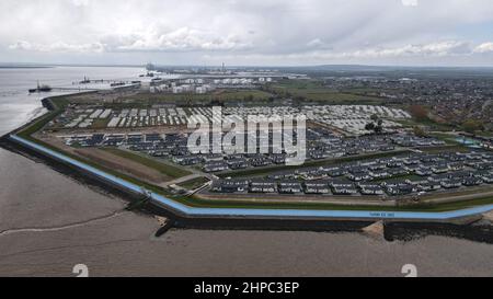 Thorney Bay Residential Caravan Park Canvey Island Essex UK Luftdrohnenansicht Stockfoto