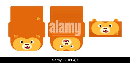 Niedliche schöne Löwe Brief schreiben Schreibwaren Papier Laser schneiden Karte Vorlage. Tierdesign für Begrüßung, Einladung, Dankeskarten. Vektormaterial il Stock Vektor