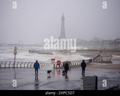 Blackpool, Großbritannien. 20th. Februar 2022. Wetternachrichten. Stürme und stürmische Meere schlagen die Kurstadt heute wieder, da für weite Teile des Landes noch mehr Wetterwarnungen in Kraft sind. Quelle: Gary Telford/Alamy Live News Stockfoto