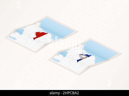Zwei Versionen einer gefalteten Karte von Virginia mit der Flagge des Landes Virginia und mit der roten Farbe hervorgehoben. Satz isometrischer Vektorkarten. Stock Vektor
