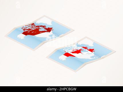 Zwei Versionen einer gefalteten Karte von Kanada mit der Flagge des Landes Kanada und mit der roten Farbe hervorgehoben. Satz isometrischer Vektorkarten. Stock Vektor