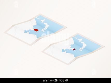 Zwei Versionen einer gefalteten Karte von Südkorea mit der Flagge des Landes Südkorea und mit der roten Farbe hervorgehoben. Satz isometrischer Vektor-ma Stock Vektor