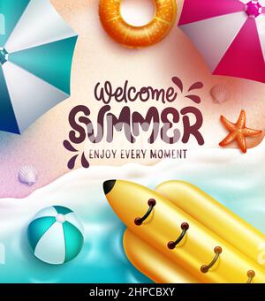 Sommer Strand Vektor-Design. Willkommen Sommer Text in Sand und Meeresgrund mit Bananenboot und Regenschirm Elemente für tropische Feiertage Saison. Stock Vektor