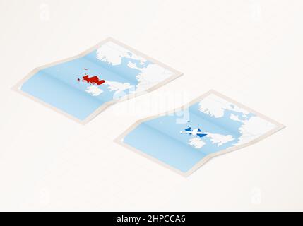 Zwei Versionen einer gefalteten Karte von Schottland mit der Flagge des Landes Schottland und mit der roten Farbe hervorgehoben. Satz isometrischer Vektorkarten. Stock Vektor