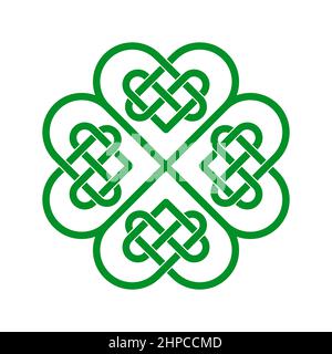 Keltischer Knoten in Form von Kleeblatt. Grünes irisches Herz. Glücksbringer mit vier Blättern und Kleeblättern. Keltische endlose Liebe Symbol. Design-Element zum St. Patrick's Day. Stock Vektor