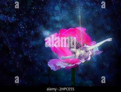 Leuchtend rosa Rose und 3D Fantasy-Fee Mädchen, Fotomanipulation. Stockfoto