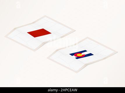Zwei Versionen einer gefalteten Karte von Colorado mit der Flagge des Landes Colorado und mit der roten Farbe hervorgehoben. Satz isometrischer Vektorkarten. Stock Vektor