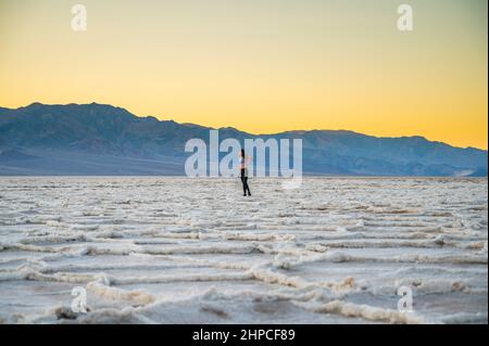 Weibchen posiert in Badwater im Death Valley National Park Stockfoto