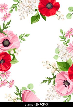 Vektorkarte mit roten, rosa und weißen Mohnblumen, Flieder und Maiglöckchen. Grußkarten- oder Einladungskarten-Design Stock Vektor