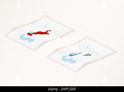 Zwei Versionen einer gefalteten Karte von Usbekistan mit der Flagge des Landes Usbekistan und mit der roten Farbe hervorgehoben. Satz isometrischer Vektorkarten Stock Vektor