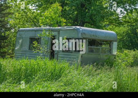 Ein alter Vintage-Camper verlassen mit kaputten Glasfenstern ein Vogelnest verbeult und Einschusslöcher auf der Seite in einem Feld von hohem Gras umgeben Stockfoto