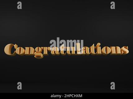 Isoliertes Golden Word Congratulations auf Balck Background, 3D Illustration. Stockfoto