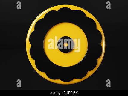 Taste Disc Media. Glänzendes Symbol mit gelbem Rahmen und Reflektion. 3D Abbildung auf schwarzem Hintergrund Stockfoto
