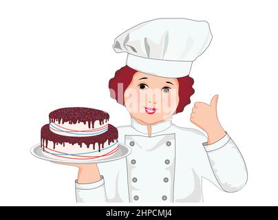 Konditor ist eine Frau in Uniform. Der Konditor hält den Kuchen auf einem Tablett Vector Stock Vektor