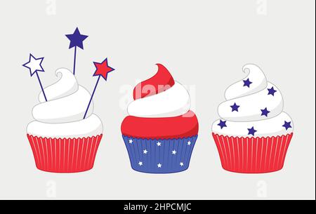 4. Juli Cupcakes Set Süßigkeiten Essen. USA glücklicher Unabhängigkeitstag Pudermuffin mit roten und blauen Sternen, Flagge, Zylinderhut. Flaches Design Cartoon Urlaub Stock Vektor