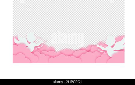 Alles Liebe zum Valentinstag. Rosafarbene Wolken oder Nubes mit Amour oder Amor auf transparentem Hintergrund. Vektorgrafik. Stock Vektor