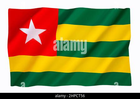 Die Nationalflagge und das Fähnchen des westafrikanischen Landes Togo, der offizielle Name ist die togolesische Republik. Stockfoto