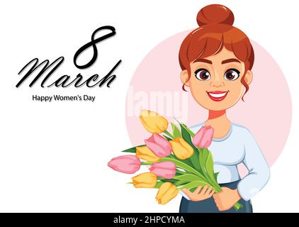 Glückwunschkarte zum Frauentag. Schöne Dame mit einem Bouquet aus rosa und gelben Tulpen. Nette weibliche Cartoon-Figur. Vektorgrafik für Aktien Stock Vektor