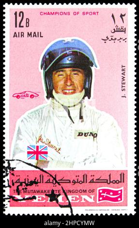 MOSKAU, RUSSLAND - 4. NOVEMBER 2021: Die im Jemen gedruckte Briefmarke zeigt J. Stewart, Champions of Sport Serie, um 1969 Stockfoto