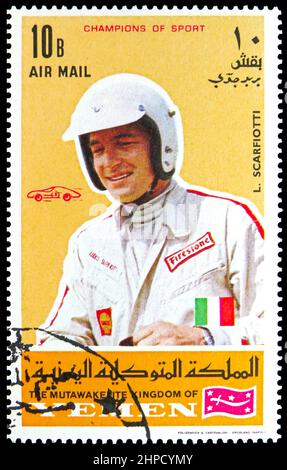 MOSKAU, RUSSLAND - 4. NOVEMBER 2021: Die im Jemen gedruckte Briefmarke zeigt L. Scarfiotti, Champions of Sport Serie, um 1969 Stockfoto