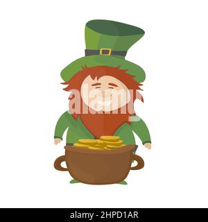Cartoon Kobold - St. Patricks Day Charakter mit einem Topf aus Gold. Traditioneller irischer Feiertagscharakter auf weißem Hintergrund. St. Patricks Day Stock Vektor