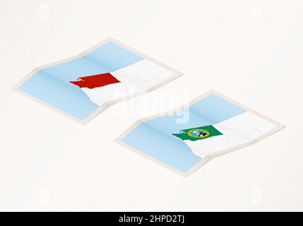 Zwei Versionen einer gefalteten Karte von Washington mit der Flagge des Landes Washington und mit der roten Farbe hervorgehoben. Satz isometrischer Vektorkarten Stock Vektor