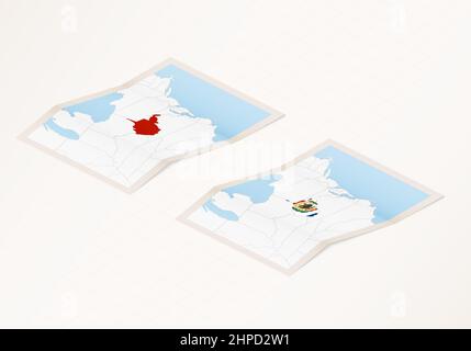 Zwei Versionen einer gefalteten Karte von West Virginia mit der Flagge des Landes West Virginia und mit der roten Farbe hervorgehoben. Satz isometrischer vecto Stock Vektor