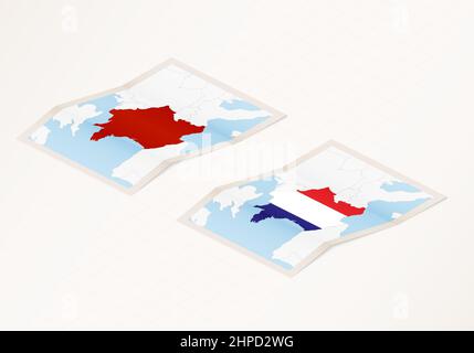 Zwei Versionen einer gefalteten Karte von Frankreich mit der Flagge des Landes Frankreich und mit der roten Farbe hervorgehoben. Satz isometrischer Vektorkarten. Stock Vektor