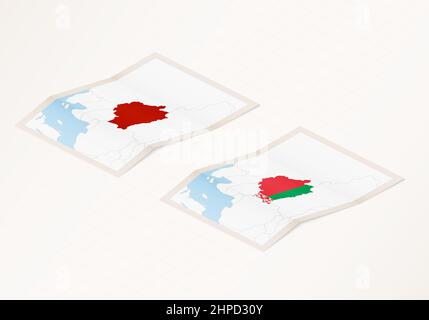 Zwei Versionen der gefalteten Karte Weißrussland mit der Flagge des Landes Weißrussland und mit der roten Farbe hervorgehoben. Satz isometrischer Vektorkarten. Stock Vektor