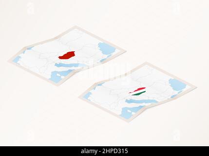 Zwei Versionen einer gefalteten Karte von Ungarn mit der Flagge des Landes Ungarn und mit der roten Farbe hervorgehoben. Satz isometrischer Vektorkarten. Stock Vektor
