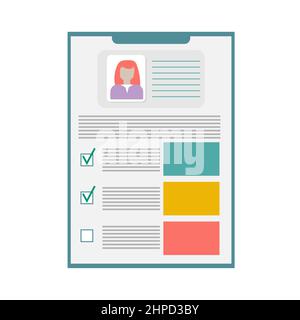 Dokumente mit persönlichen Daten Vektor Illustration, flache Cartoon Papier Dokument mit Benutzerprofildaten und Frau Foto, Konzept der Interview-Job Stock Vektor